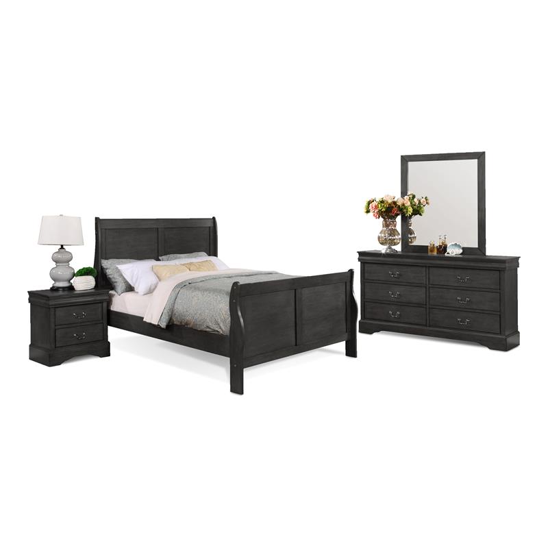 Bella Esprit 4-piece Traditional Solid Wood Full Sleigh Bedroom Set in Charcoal