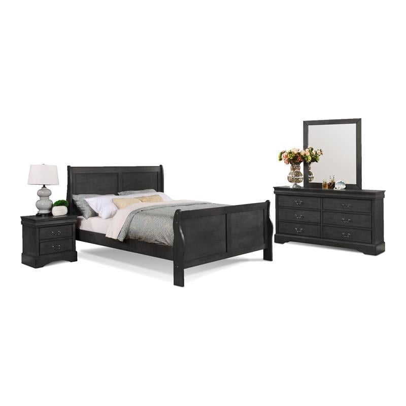 Bella Esprit 4-piece Traditional Solid Wood Queen Sleigh Bedroom Set in Charcoal