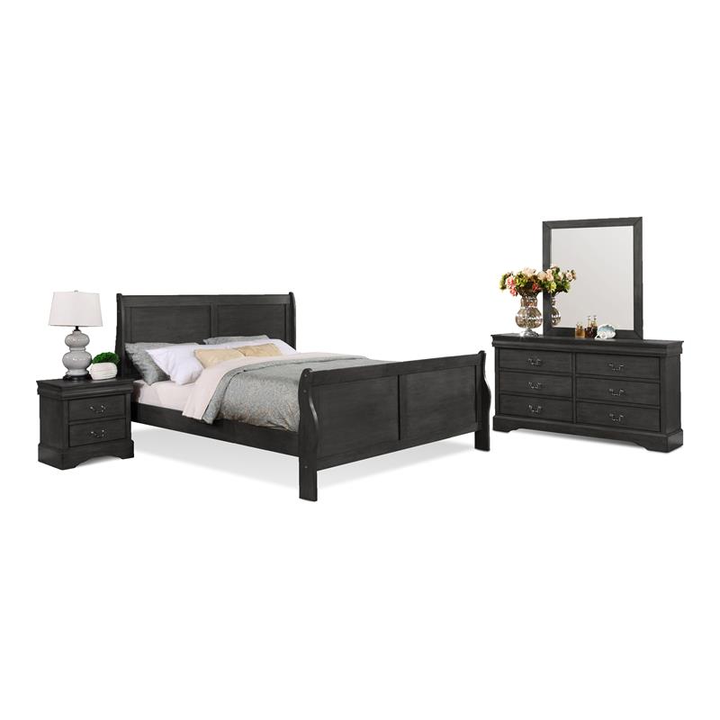 Bella Esprit 4-piece Traditional Solid Wood King Sleigh Bedroom Set in Charcoal
