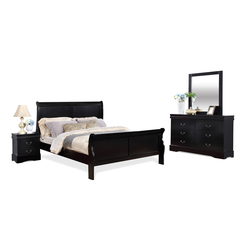 Bella Esprit 4-piece Traditional Solid Wood Queen Sleigh Bedroom Set in Black
