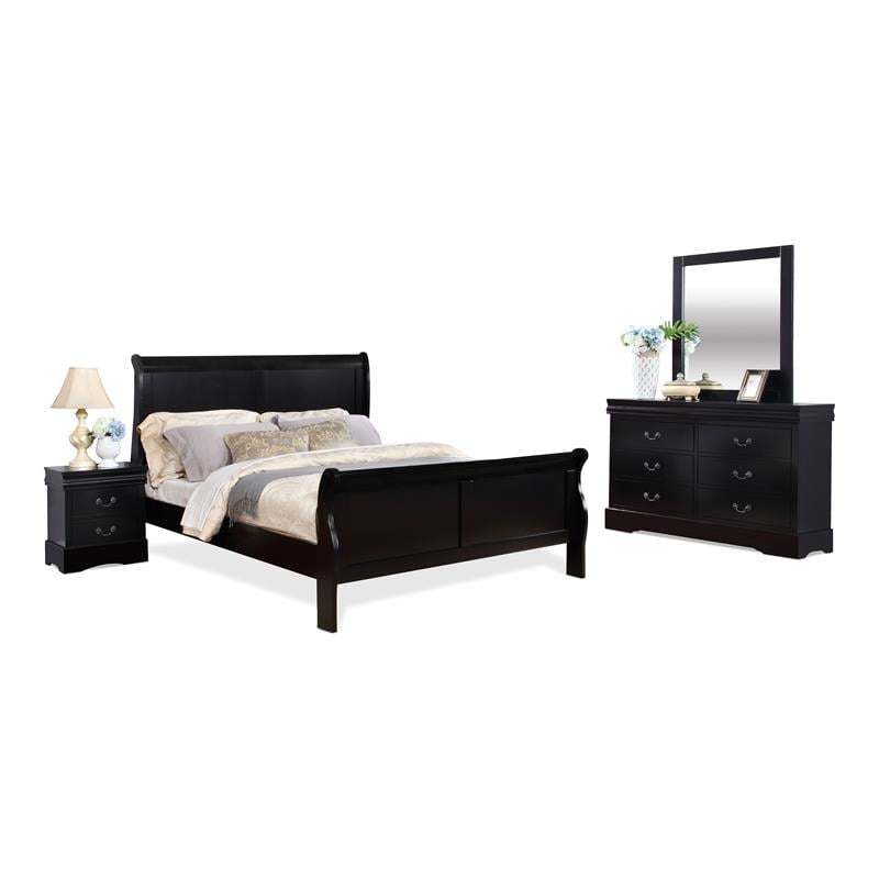 Bella Esprit 4-piece Traditional Solid Wood Queen Sleigh Bedroom Set in Black