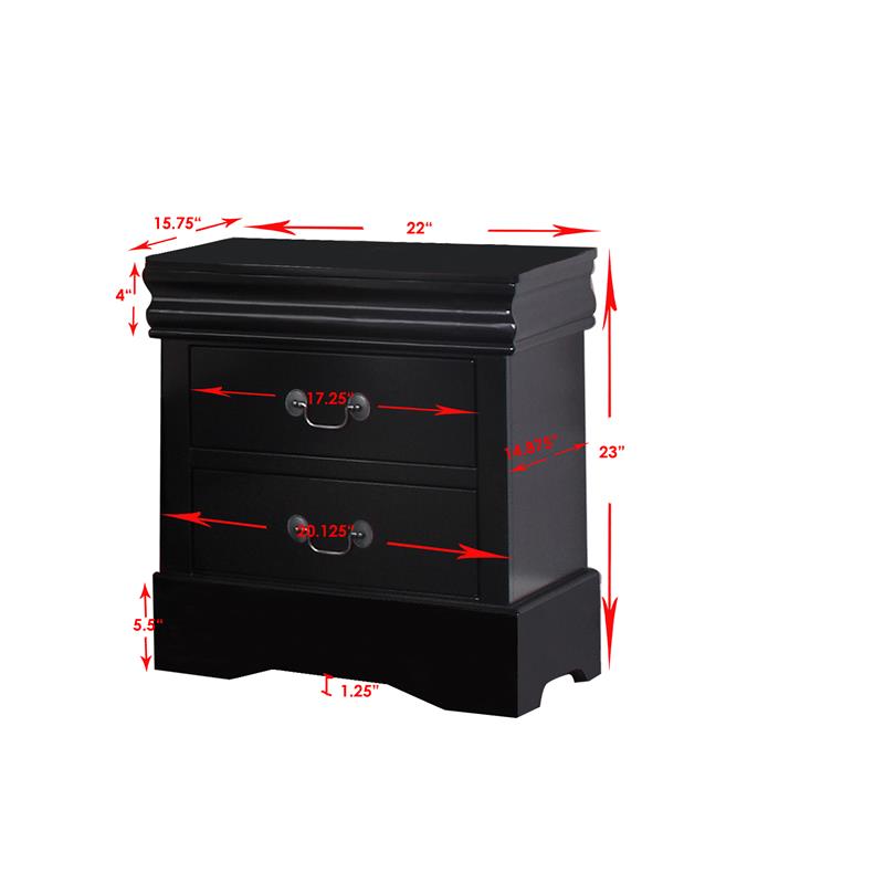 Bella Esprit Louis Philippe Solid Wood 2-Drawers Bedroom Nightstand in Black