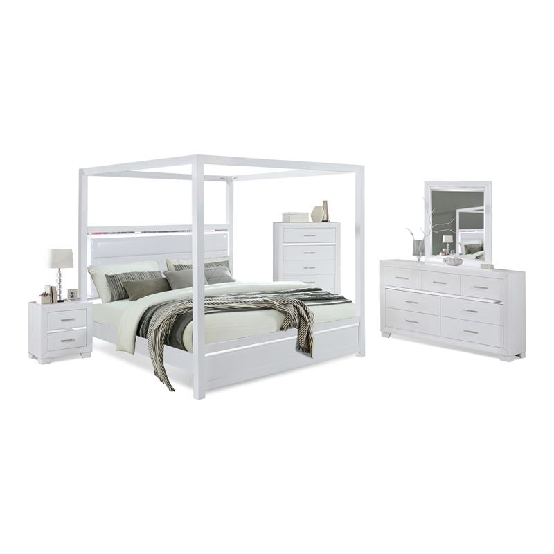 Bella Esprit 5-piece Wood Canopy Queen Bedroom Set with LED Lighting in White
