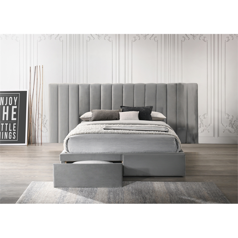 Reve & Belle King Size Velvet continuous spread Headboard with Footboard Gray