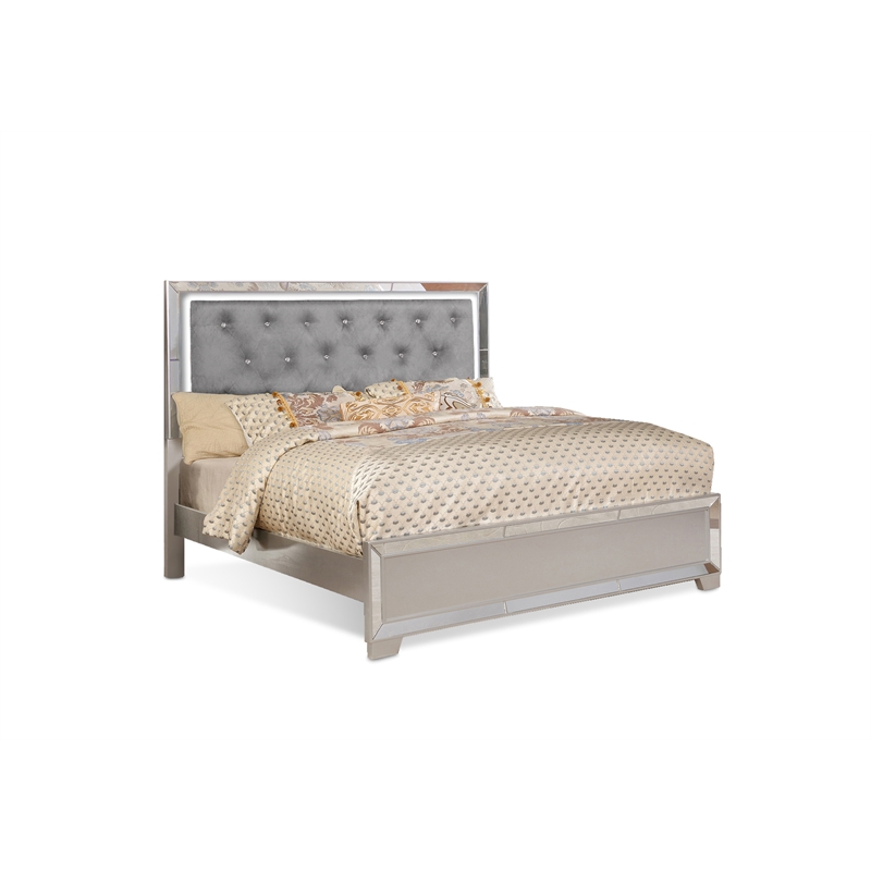 Reve & Belle Crystal Tufted with LED lightning Queen Wood Bed in Metallic Silver