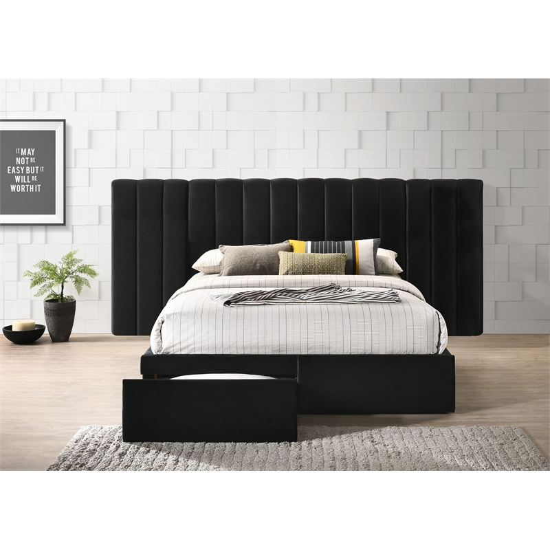 Reve & Belle Queen Size Velvet continuous spread Headboard with Footboard Black