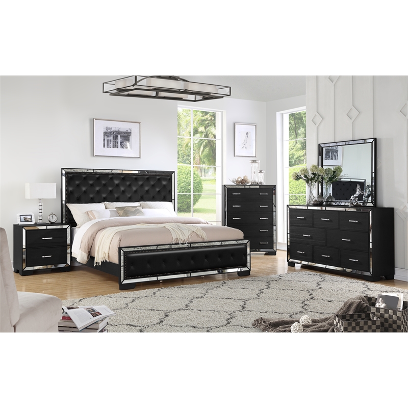 Reve & Belle Anzell 5pc King Wood Bedroom Set with Mirror Trim in Black