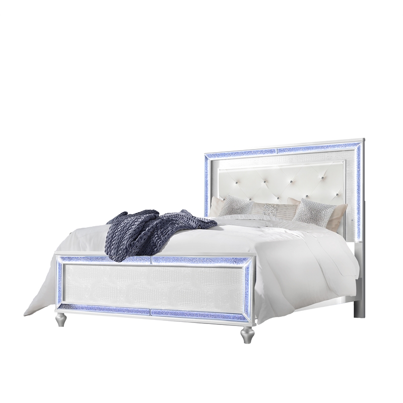 Reve & Belle Crystal Tufted Headboard w/LED lights Queen Wood Bed Frame in White