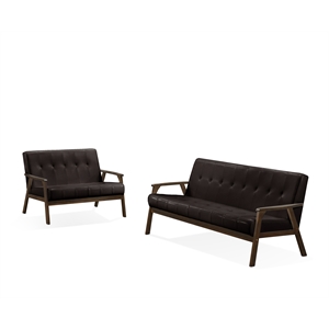 Uptown Modern Iven Wood Arm Love Seat in PU Faux Leather Dark Brown