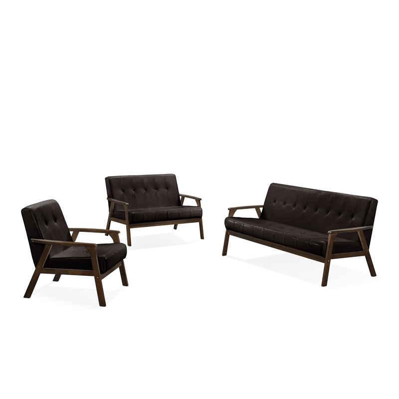 Uptown Modern Iven Wood Arm Sofa Solid in PU Faux Leather Dark Brown