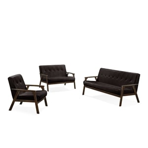 Uptown Modern Iven Wood Arm Sofa Solid in PU Faux Leather Dark Brown