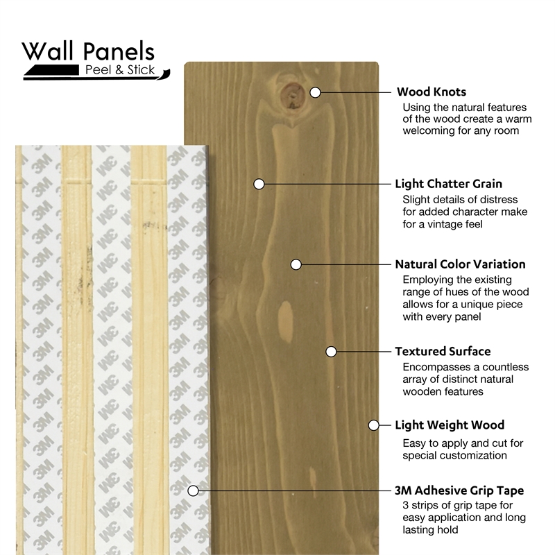 Bella Peel and Stick Solid Wood Wall Paneling Assorted Length 5inch Width 95sqFt