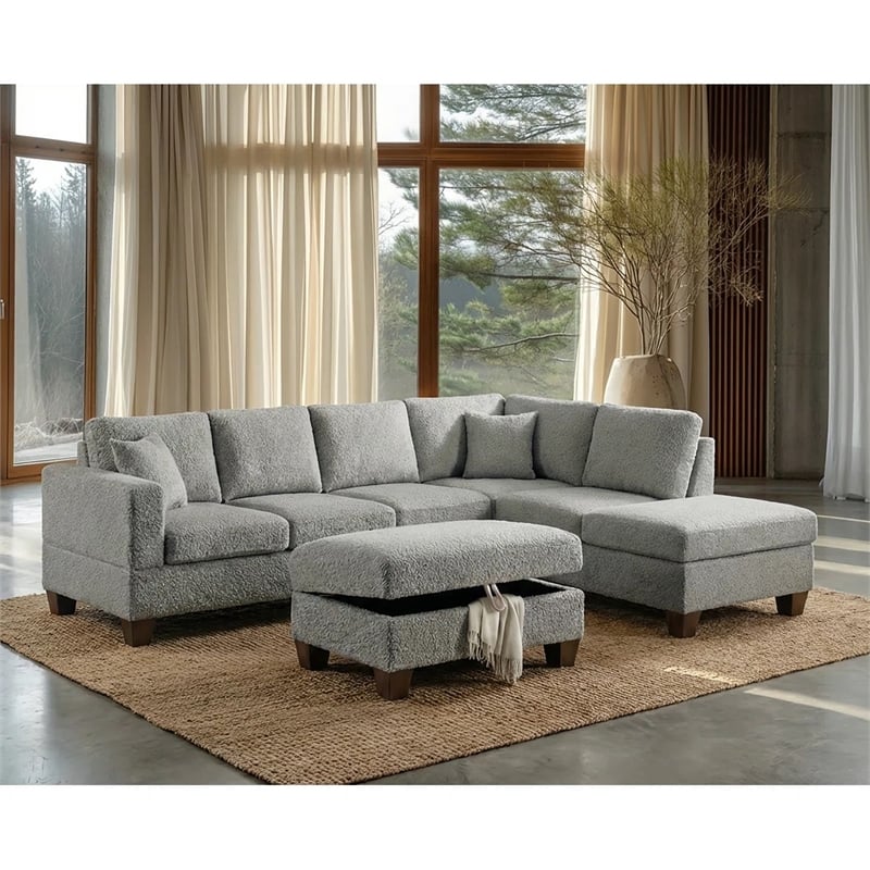 Essa Grey Reversible Sectional With USB Power Wood Legs And Storage Ottoman