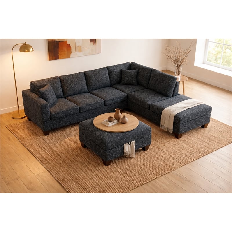 Essa Charcoal Reversible Sectional With USB Power Wood Legs And Storage Ottoman