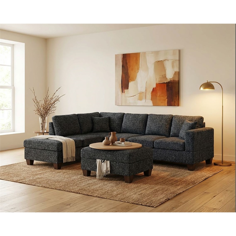 Essa Charcoal Reversible Sectional With USB Power Wood Legs And Storage Ottoman