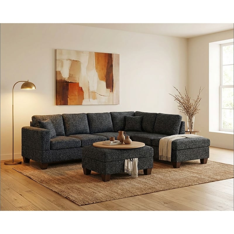 Essa Charcoal Reversible Sectional With USB Power Wood Legs And Storage Ottoman