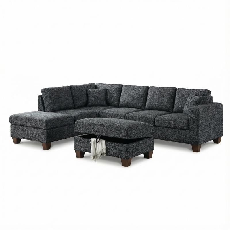 Essa Charcoal Reversible Sectional With USB Power Wood Legs And Storage Ottoman