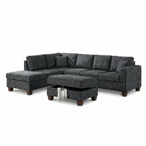 Essa Charcoal Reversible Sectional With USB Power Wood Legs And Storage Ottoman