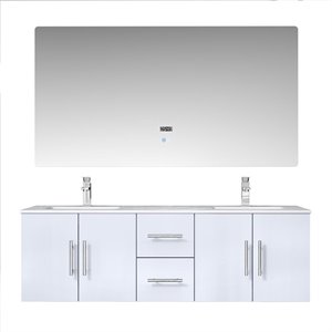Lexora Home Geneva 60&quot Carrara Marble Top Double Vanity in Glossy White