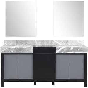 Lexora Home Zilara 72&quot Double Marble Top Bathroom Vanity with Mirror in Black