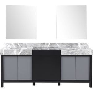Lexora Home Zilara 80&quot Double Marble Top Bathroom Vanity with Mirror in Black