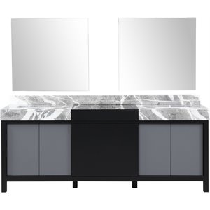 Lexora Home Zilara 84&quot Double Marble Top Bathroom Vanity with Mirror in Black