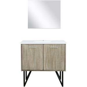 Lexora Home Lancy 36&quot Single Quartz Top Bathroom Vanity with Mirror in Rustic