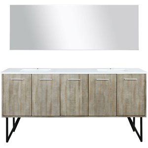 Lexora Home Lancy 72&quot Double Quartz Top Bathroom Vanity with Mirror in Rustic