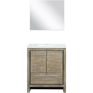 Lexora Home Lafarre 30&quot Single Quartz Top Bathroom Vanity with Mirror in Rustic