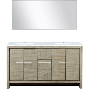 Lexora Home Lafarre 60&quot Double Quartz Top Bathroom Vanity with Mirror in Rustic