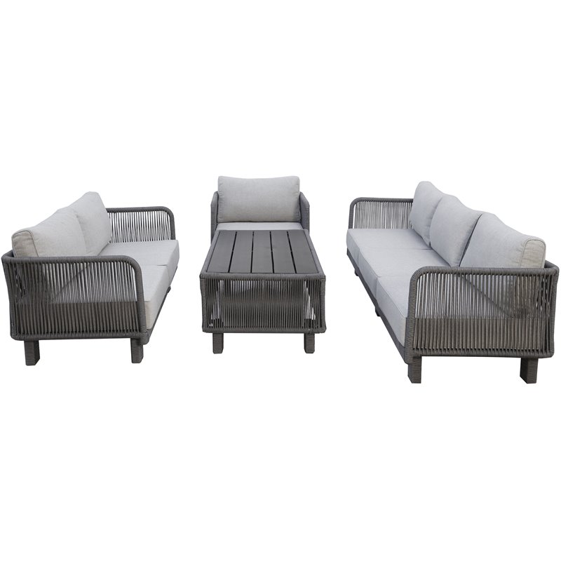 Cancun Aluminum Deep Seating Set with Dark Gray Rope in Silver Cushion