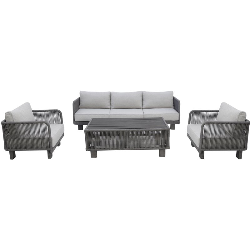 Cancun Aluminum Sofa Set with Dark Gray Rope in Silver Cushion