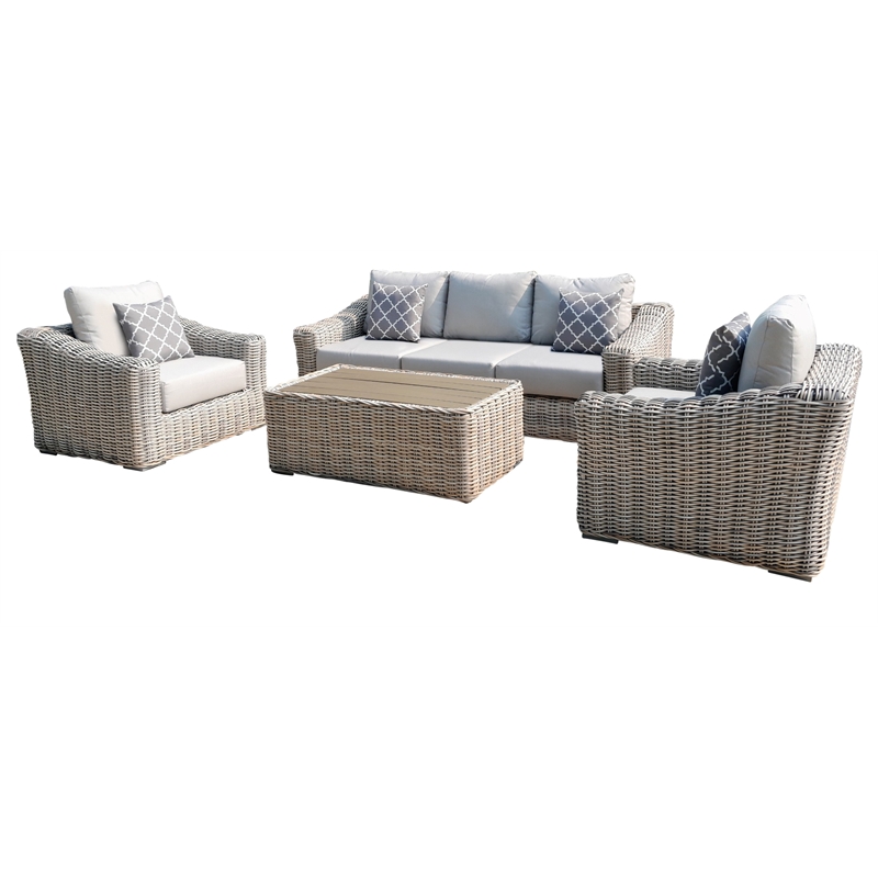 Hawaii Three-Tone Wicker Gray/Off White/Beige Sofa Set in Silver Gray Cushion