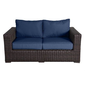 Santa Monica Wicker Rattan Love Seat in Espresso Brown Frame/Navy Cushion
