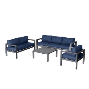 Cabo 4-PC Deep Seating Set Gray Aluminum Frame in Navy Cushion