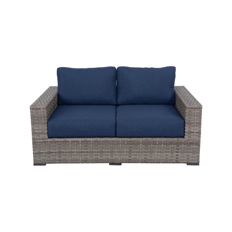 Bali Silver/Gray Two-Tone Wicker Loveseat in Navy Cushion