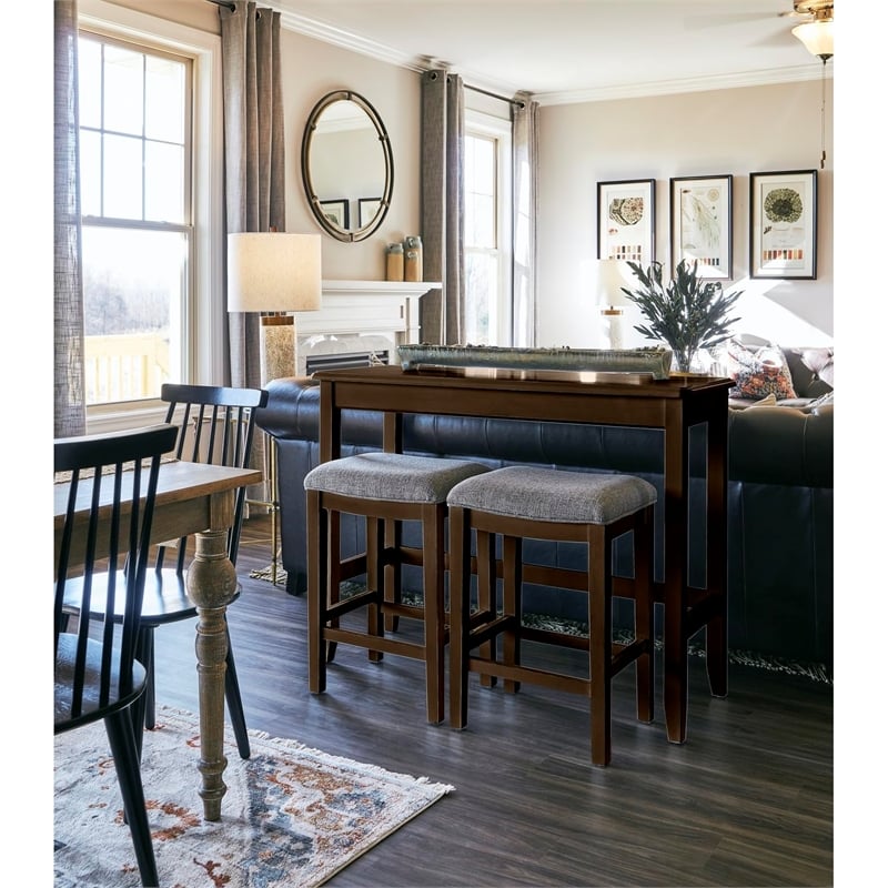 New Ridge Home Goods Traditional Wood Sofa Table with Two Stools in Espresso