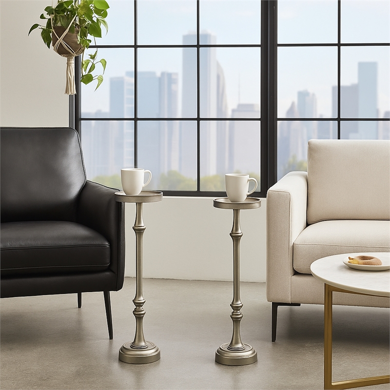 New Ridge Home Goods Set of 2 Round Accent Drink Tables- Antique Silver