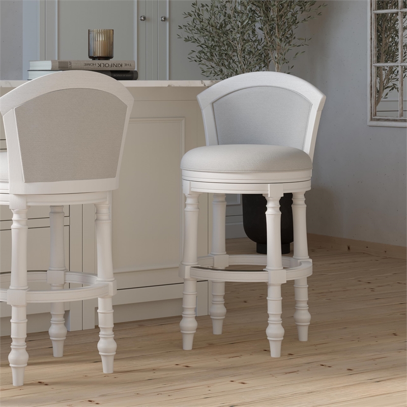 Emily 31in. White Wood Barrel-Back Swivel Bar Stool with Light Gray Upholstery