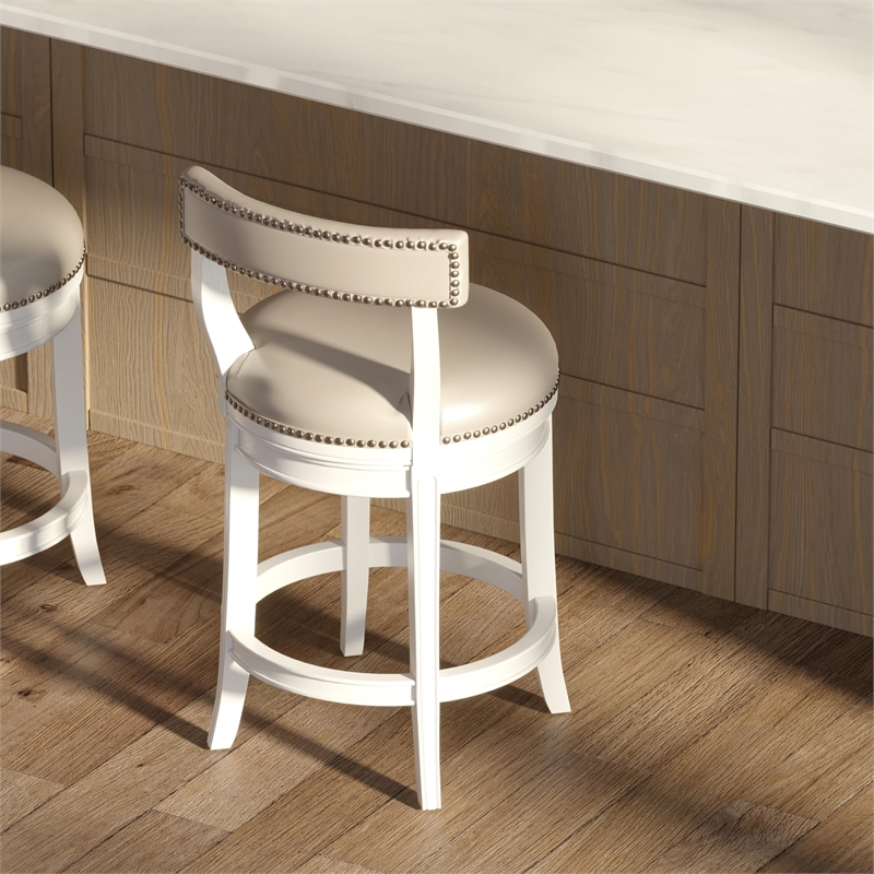 Pasha 26in. Counter-Height Swivel Bar Stool- White with Gray Faux Leather Seat