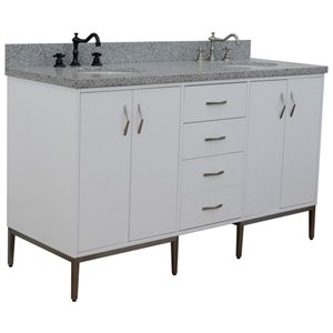 Tivoli 61&quot Double Oval Sink Solid Wood Vanity in White/Gray Granite Stone