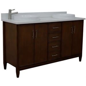 MCM 61&quot Double Round Sink Vanity with White Quartz Stone in Walnut