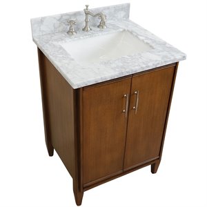 MCM 25&quot Rectangle Sink Vanity in Walnut/White Carrara Marble Stone