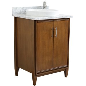 MCM 25&quot Single Round Sink Vanity with White Marble Stone in Walnut