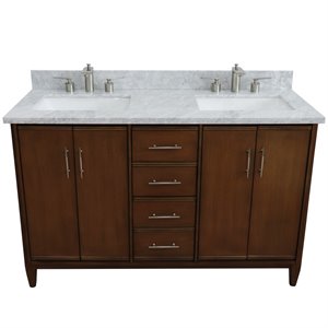MCM 55&quot Solid Wood Double Rectangle Sink Vanity in Walnut/White Carrara