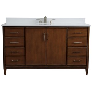 MCM 61&quot Single Oval Sink Solid Wood Vanity in Walnut/White Quartz Stone