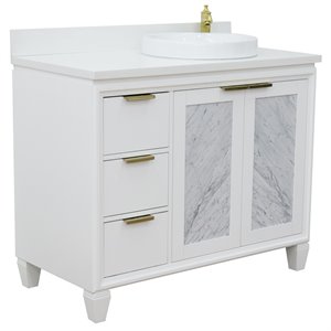Trento 43&quot Solid Wood Vanity with Right Round Sink in White Quartz Stone