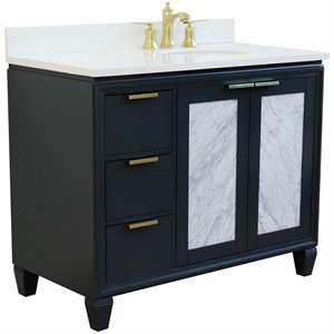 Trento 43&quot Solid Wood Vanity with Right Oval Sink in Gray/White Quartz Stone