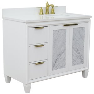 Trento 43&quot Solid Wood Vanity with Right Rectangle Sink in White Quartz Stone