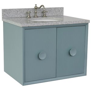 Stora Wall Mount Oval Sink Vanity with Gray Granite Stone Top in Blue